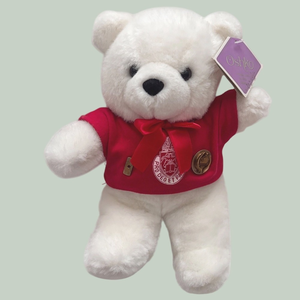 Vintage Oshko White Teddy Bear 11" Pro Deo Et Patria Red Uniform Shirt NWT